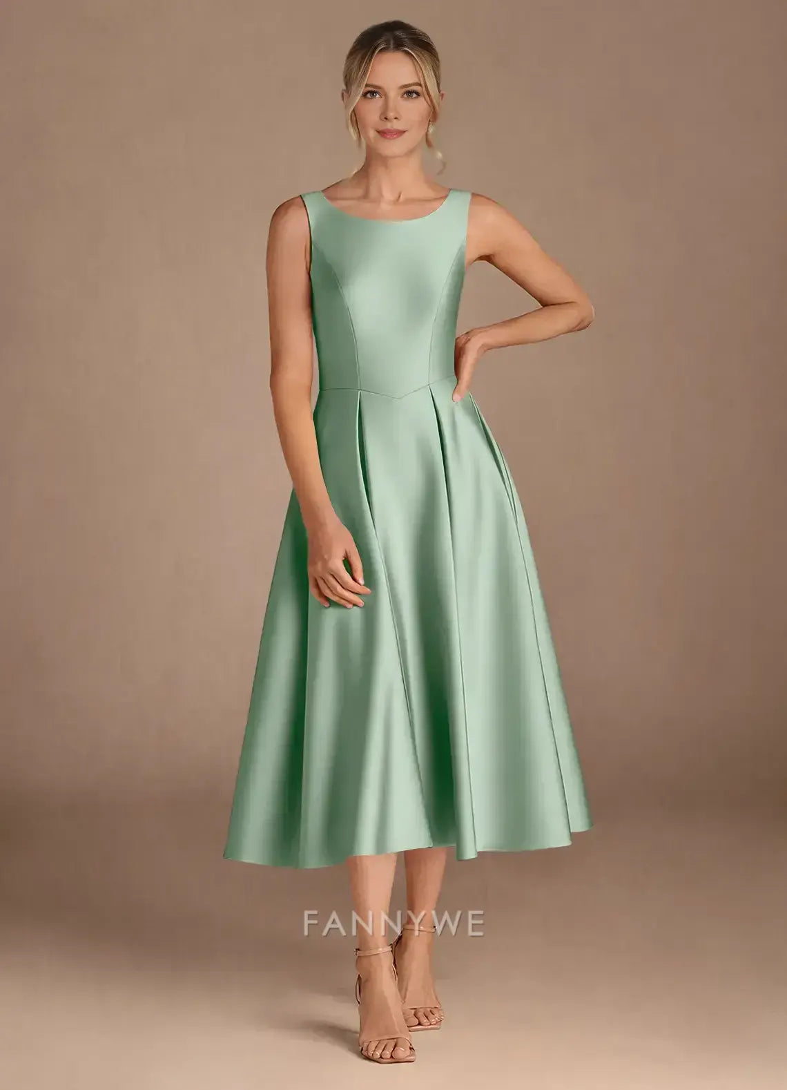 Elegant Sleeveless Boat Neck Satin A-Line Midi Dress with V-Back Mother of the Bride Dress